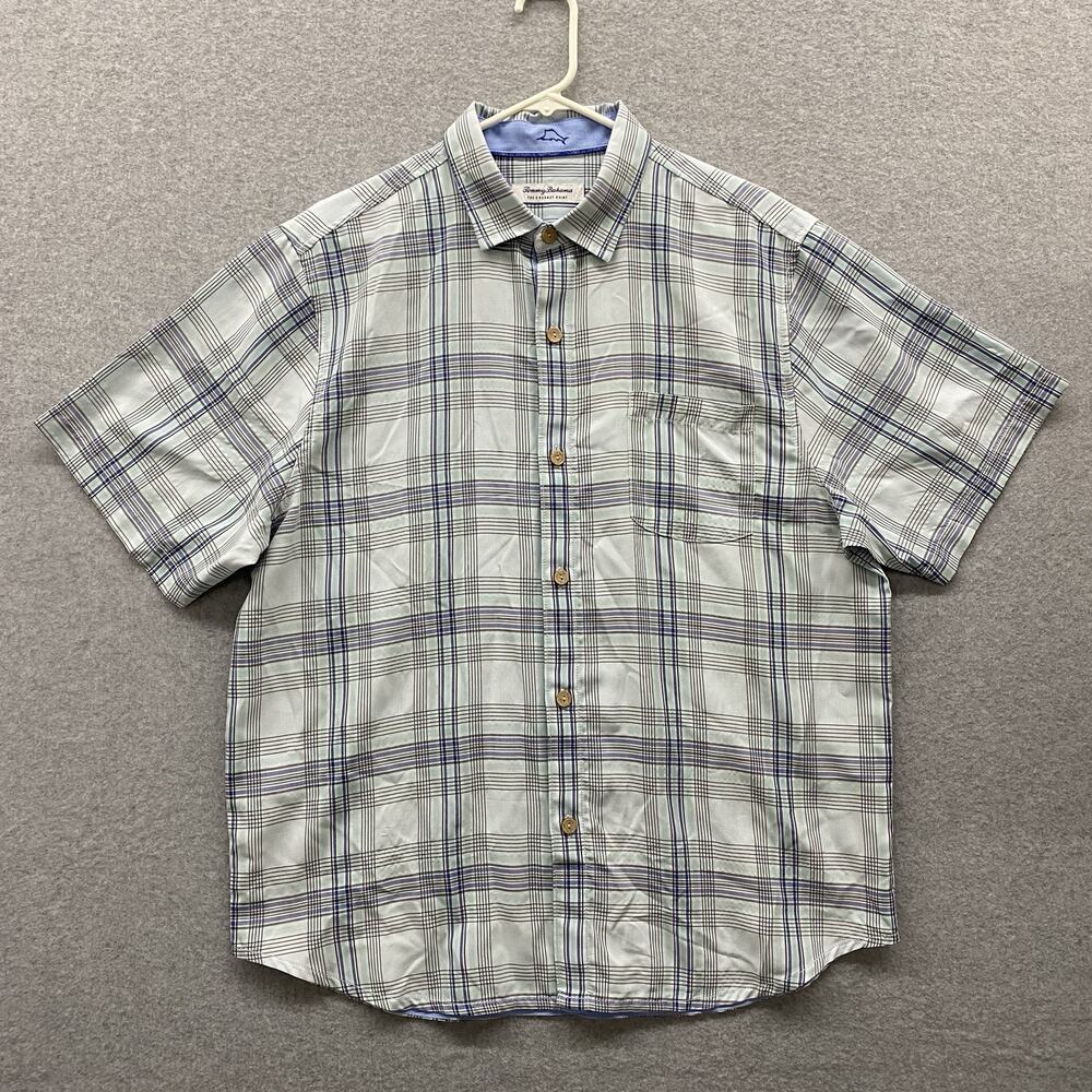 Tommy Bahama The Coconut Point Shirt Mens Large Blue Plaid Preppy Coolmax